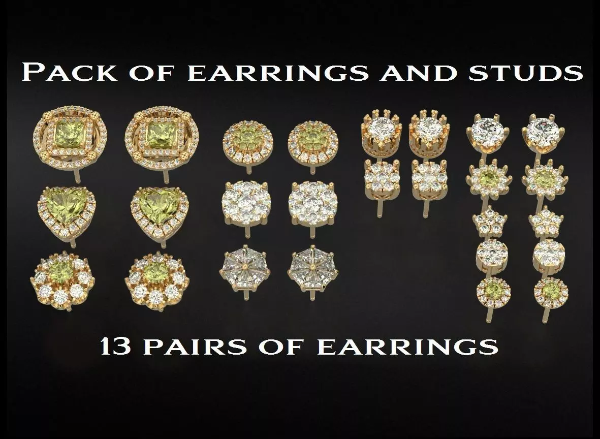 Pack Earrings with diamonds 3D Model Collection_0