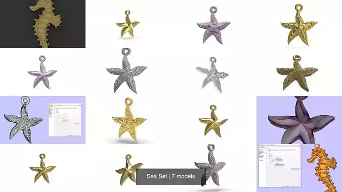 Sea Set gold seahorse 3D Model Collection