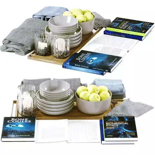 Decor set of books and bowls on tray Low-poly 3D model