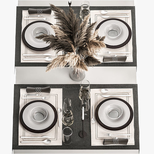 Table Setting With A Bouquet Of Pampas Grass 3D model