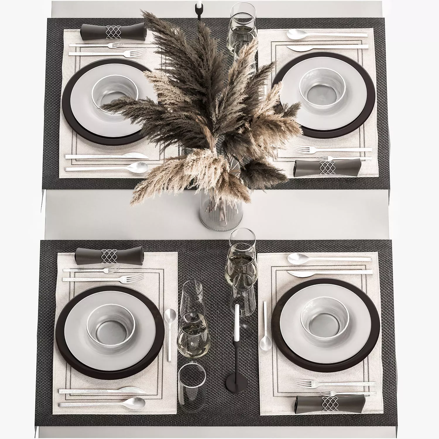 Table Setting With A Bouquet Of Pampas Grass 3D model_0