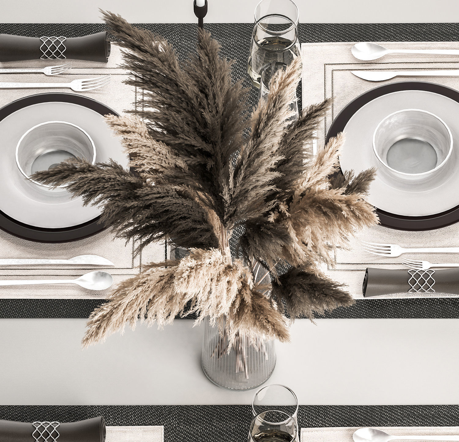 Table Setting With A Bouquet Of Pampas Grass 3D model_2