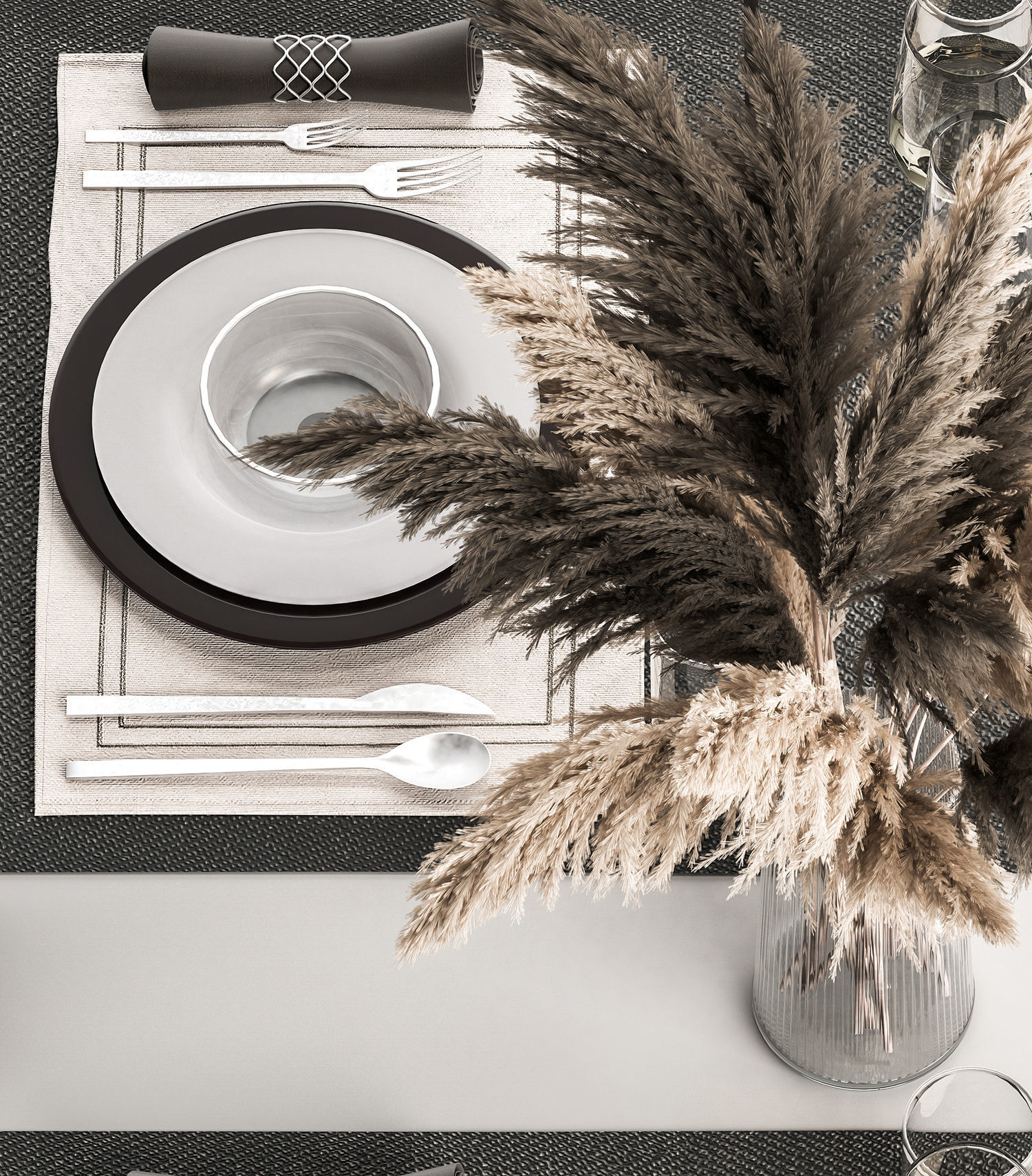 Table Setting With A Bouquet Of Pampas Grass 3D model_3