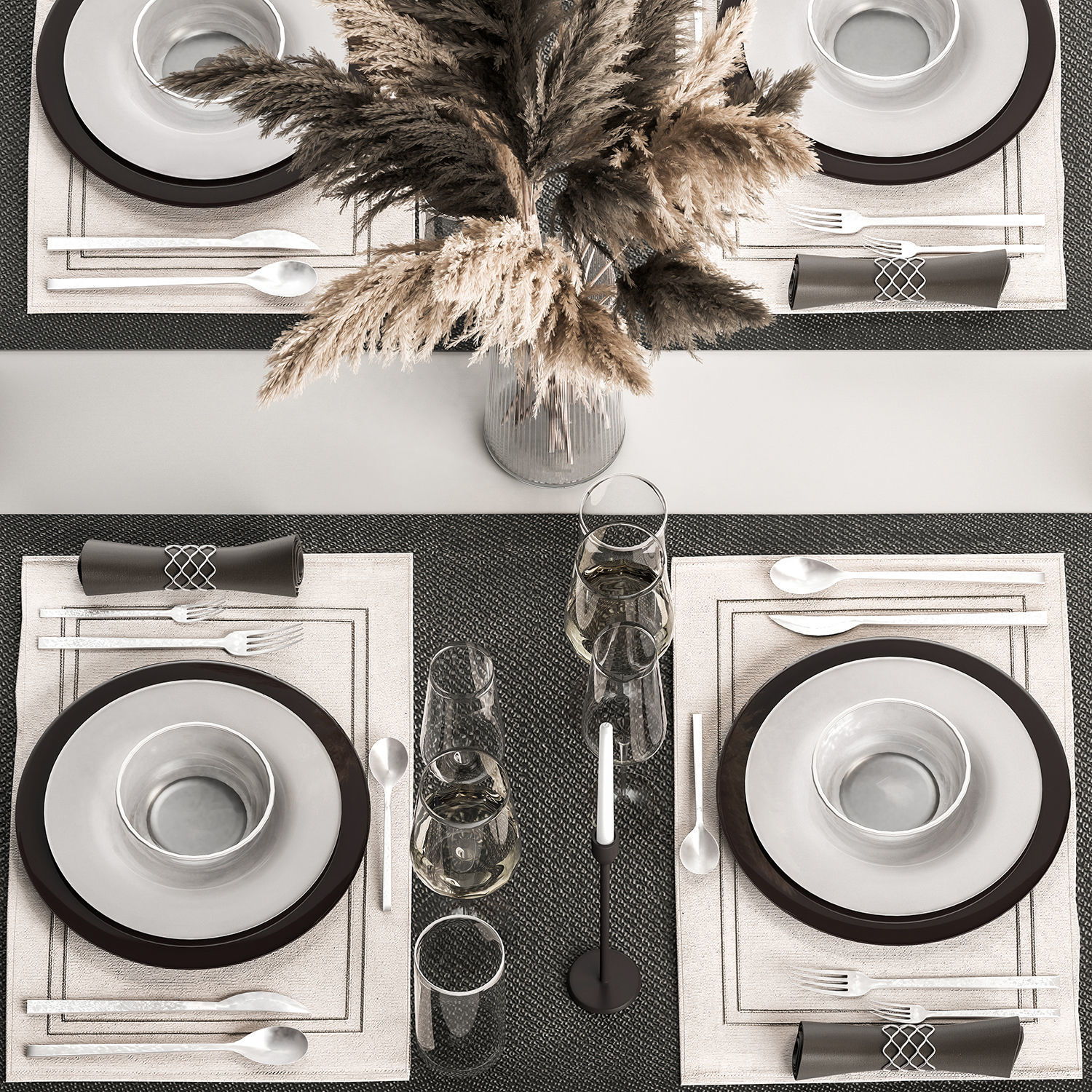 Table Setting With A Bouquet Of Pampas Grass 3D model_1