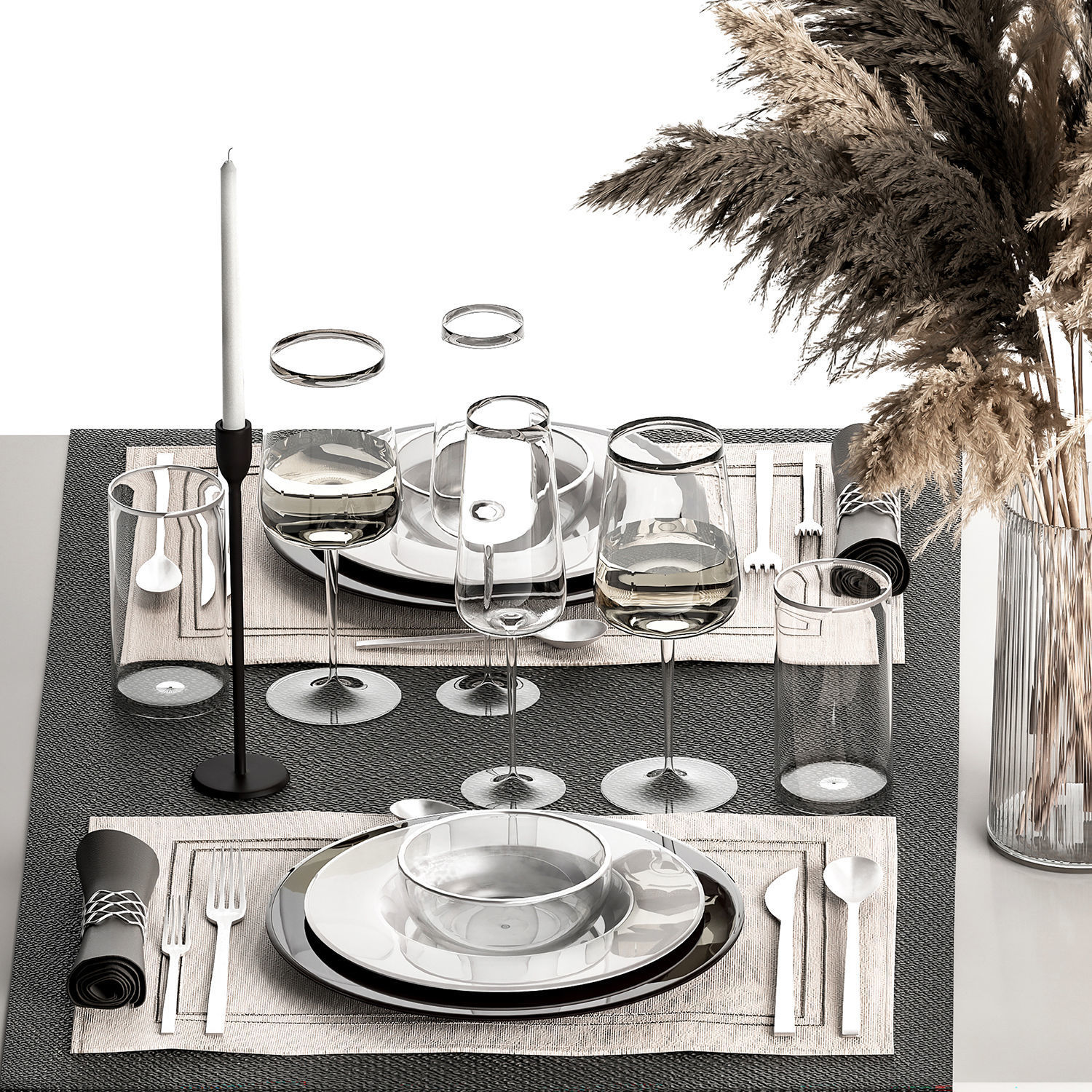 Table Setting With A Bouquet Of Pampas Grass 3D model_3