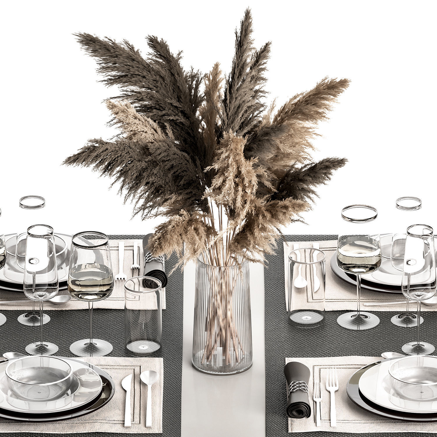 Table Setting With A Bouquet Of Pampas Grass 3D model_2