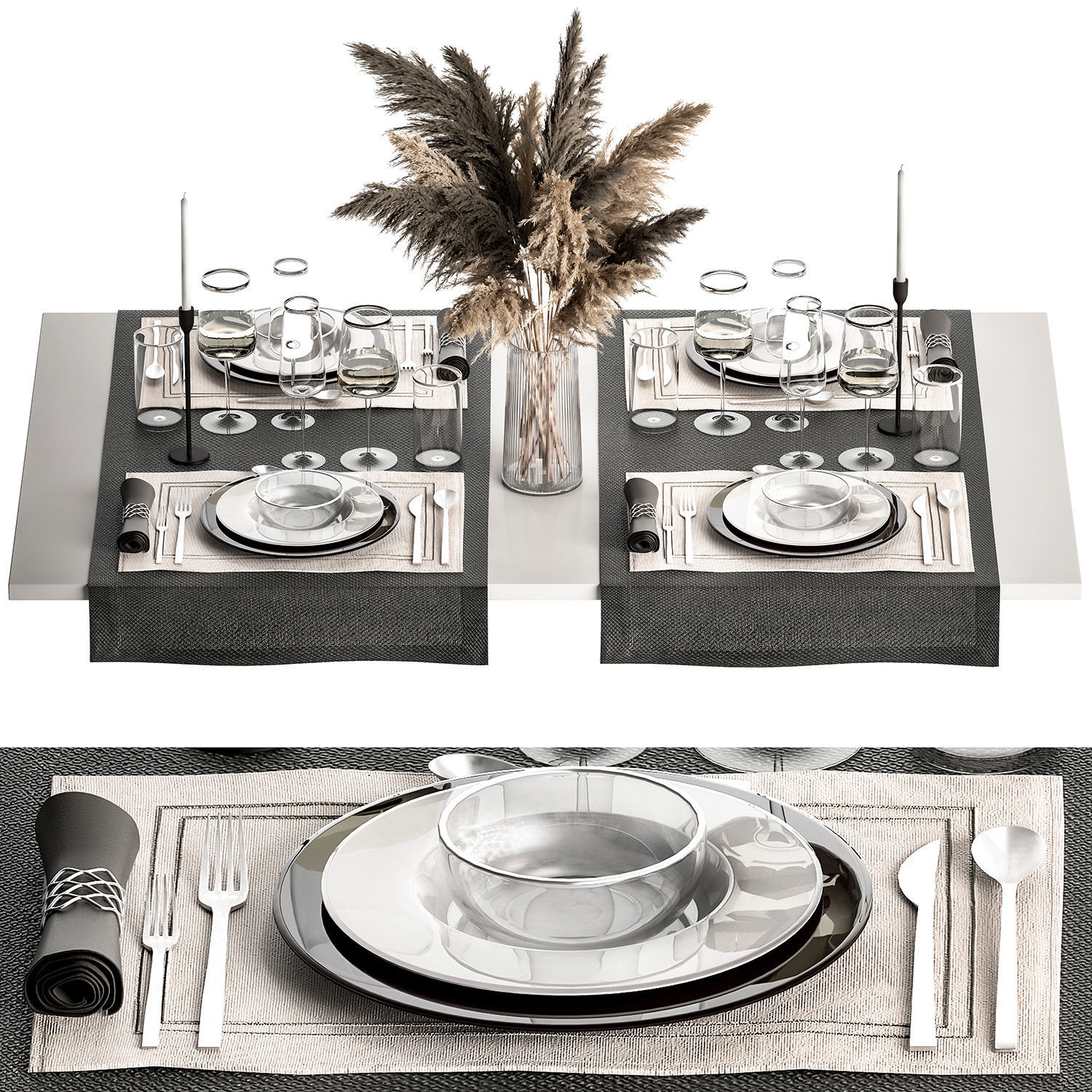 Table Setting With A Bouquet Of Pampas Grass 3D model_5
