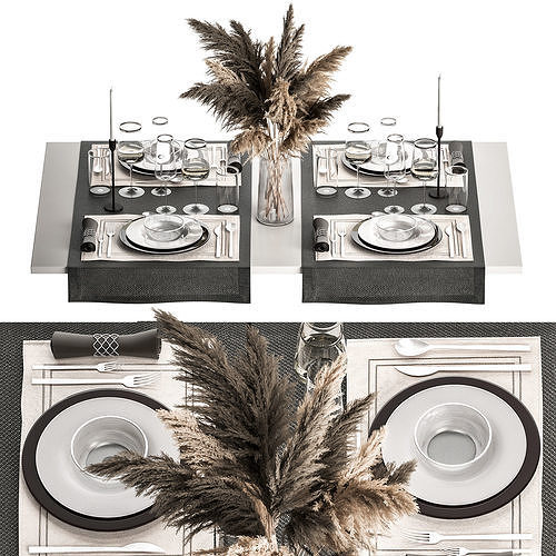 Table Setting With A Bouquet Of Pampas Grass 3D model