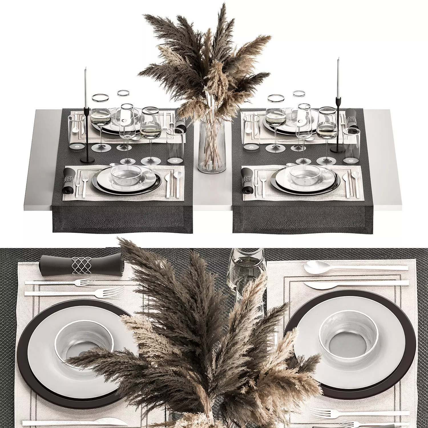 Table Setting With A Bouquet Of Pampas Grass 3D model_0
