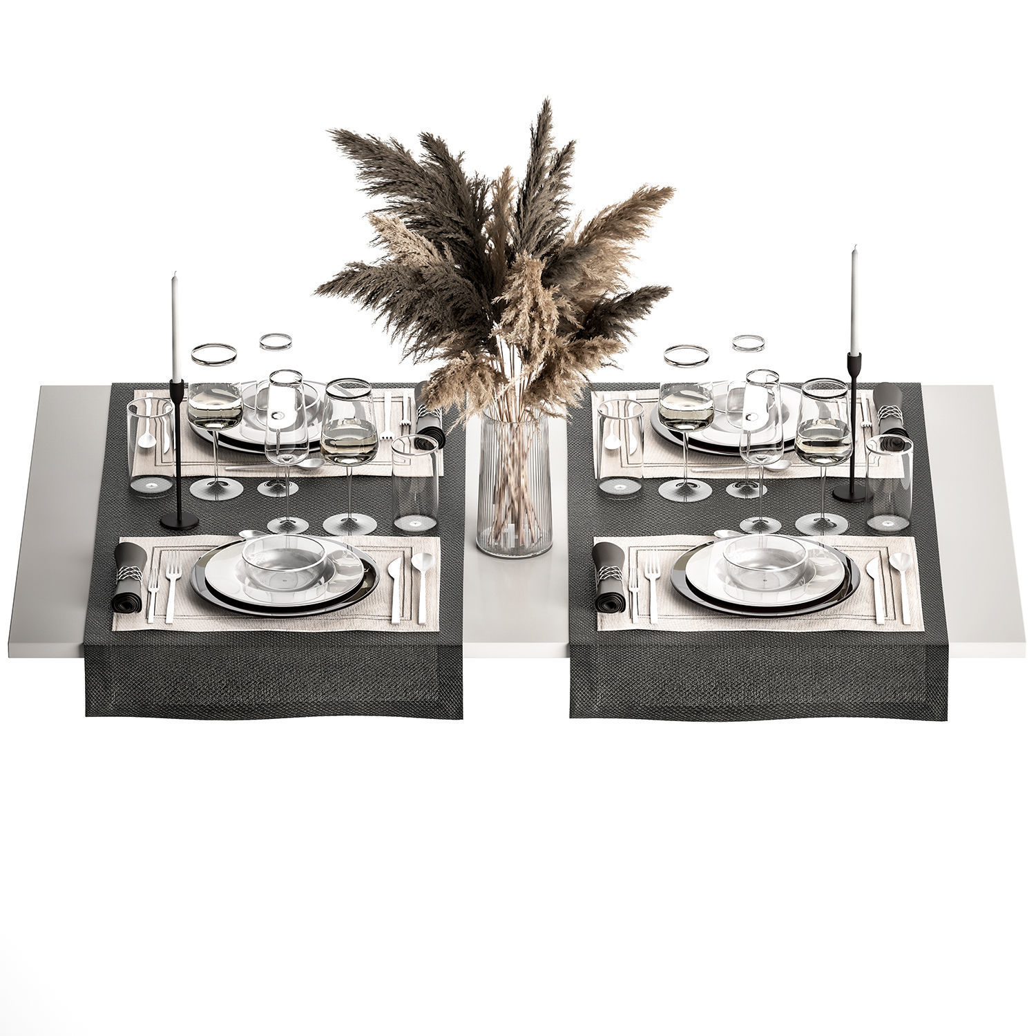 Table Setting With A Bouquet Of Pampas Grass 3D model_1