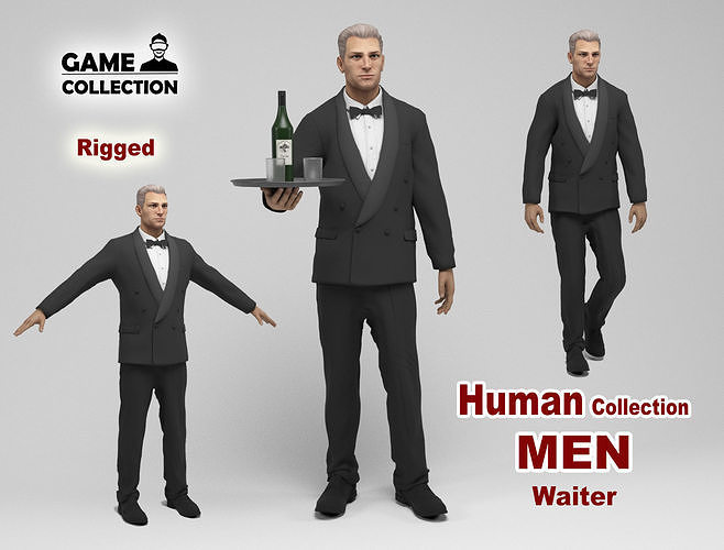 Waiter man in tuxedo holding bottle of wine Low-poly 3D model