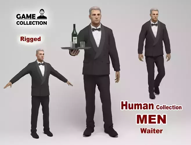 Waiter man in tuxedo holding bottle of wine Low-poly 3D model