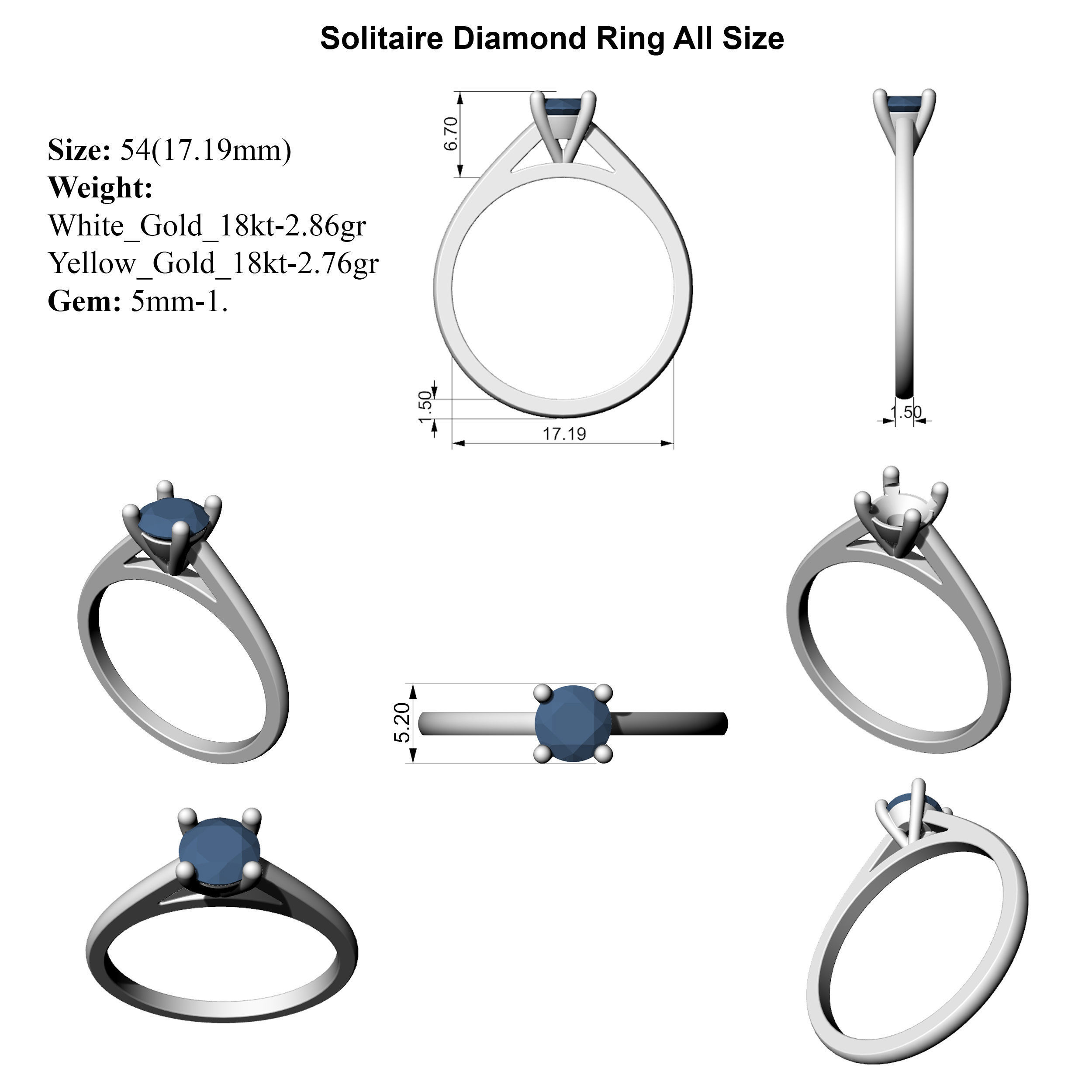 Solitaire Diamond Ring All Size 3D print model_6