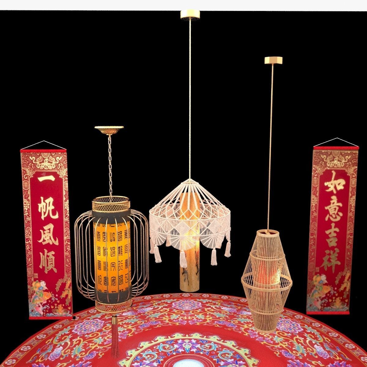 Chinese  red lantern with couplet 3D model_7