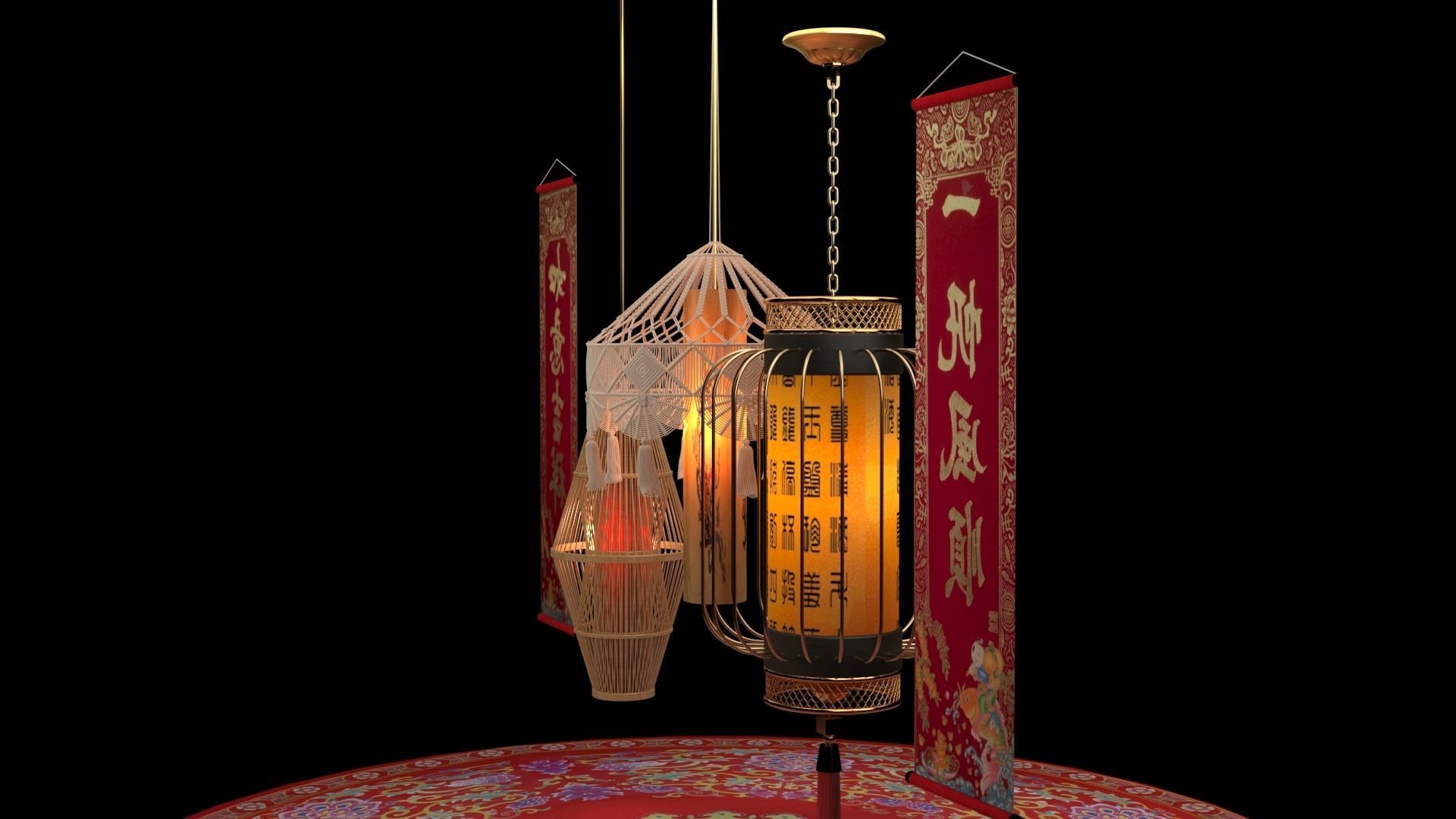 Chinese  red lantern with couplet 3D model_5