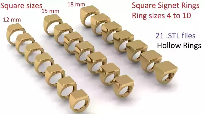 Signet Rings Square shape sizes 12 - 15 and 18 mm
