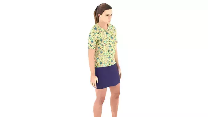 Woman wearing floral shirt and skirt