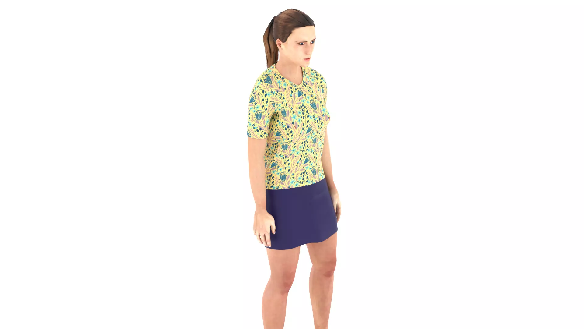Woman wearing floral shirt and skirt Low-poly 3D model_0