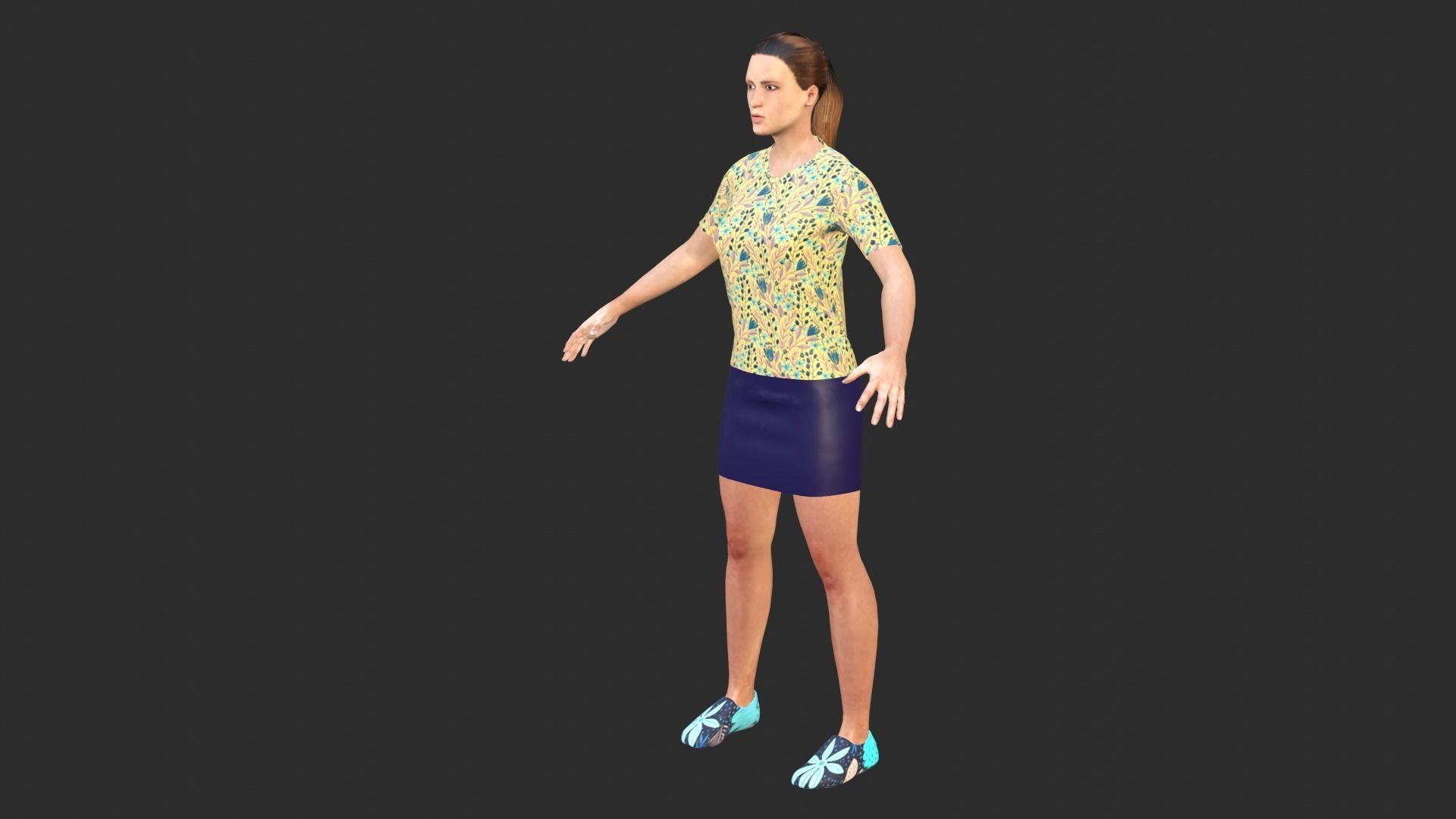 Woman wearing floral shirt and skirt Low-poly 3D model_5