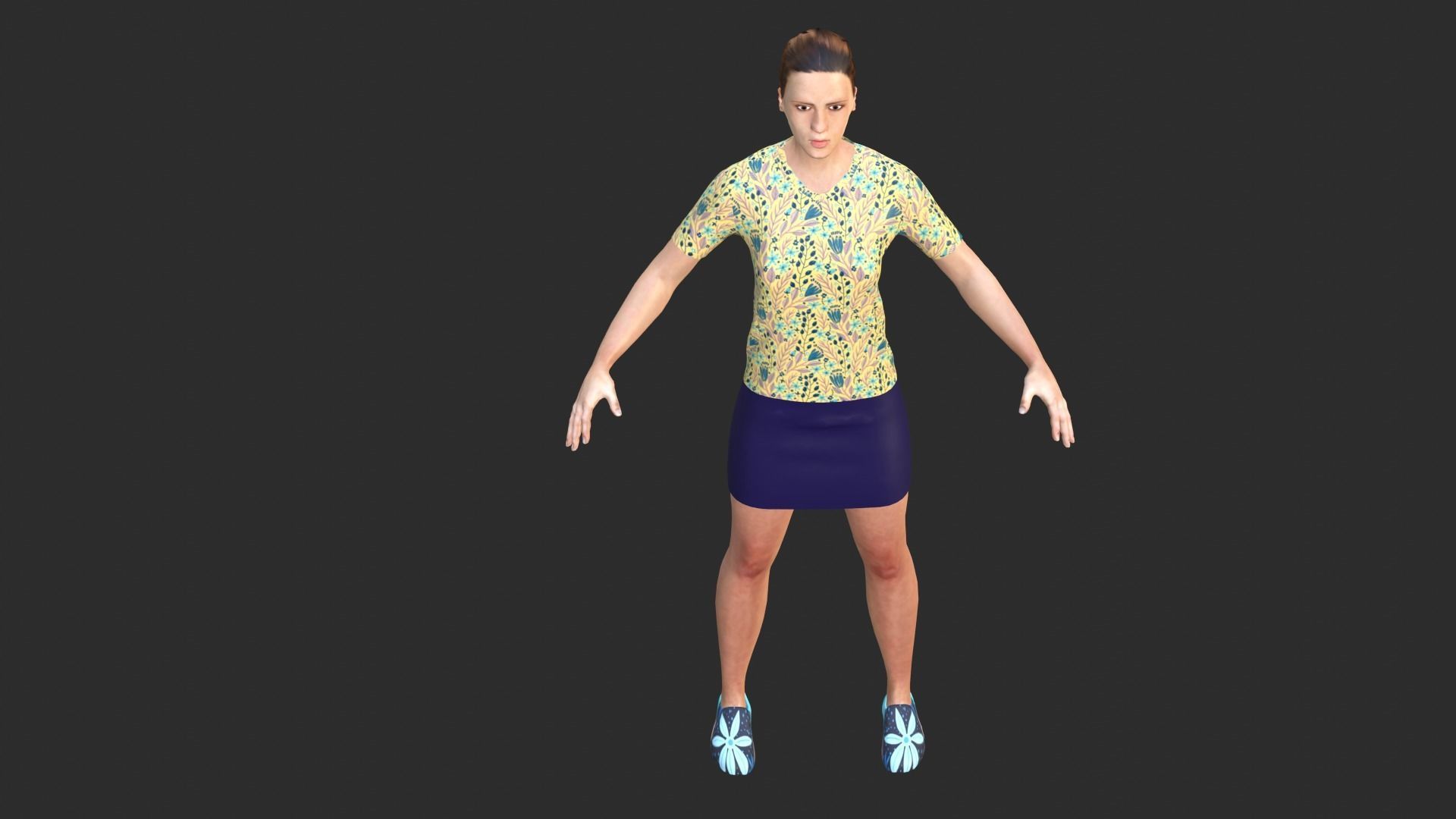 Woman wearing floral shirt and skirt Low-poly 3D model_6
