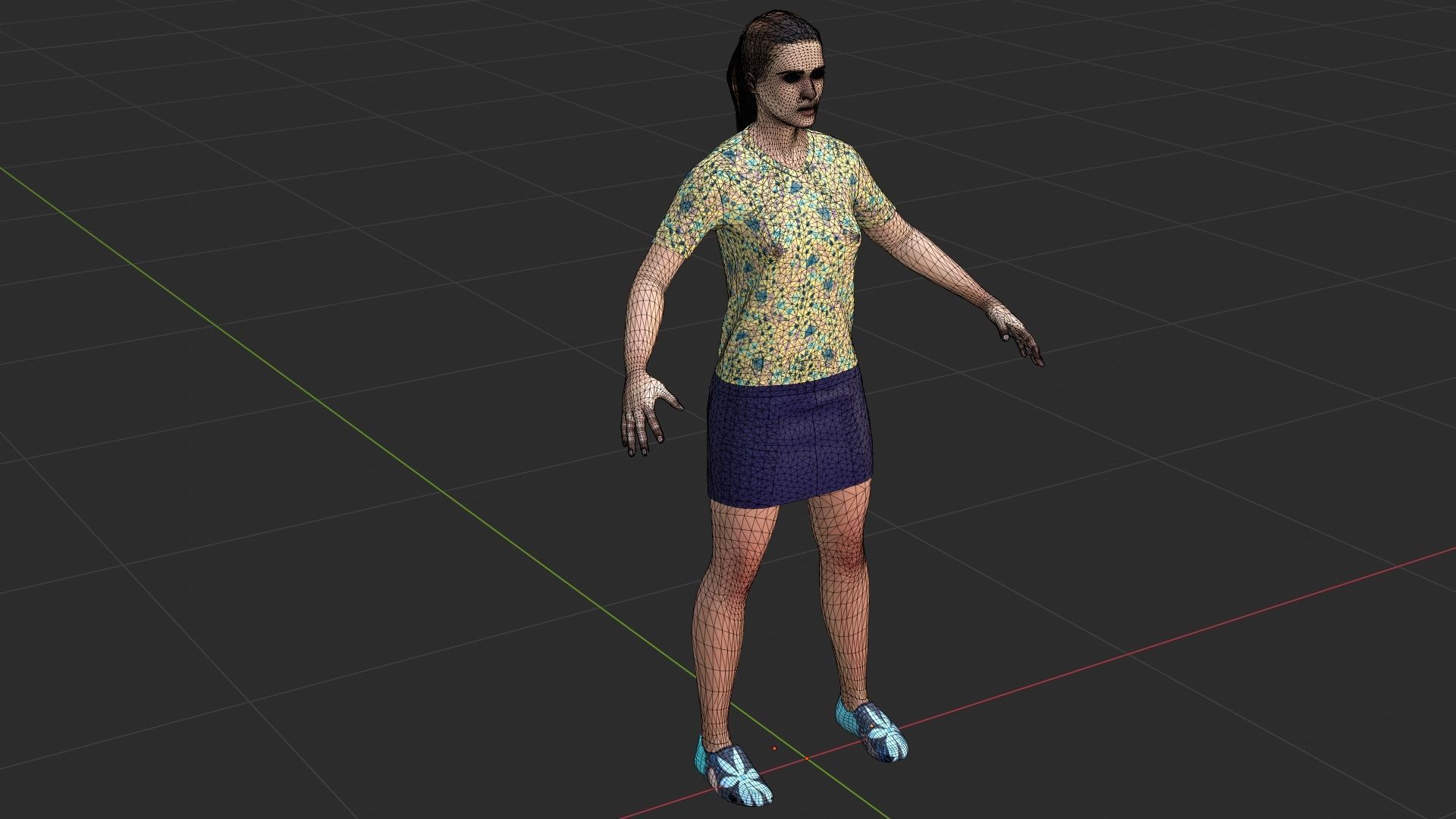 Woman wearing floral shirt and skirt Low-poly 3D model_7