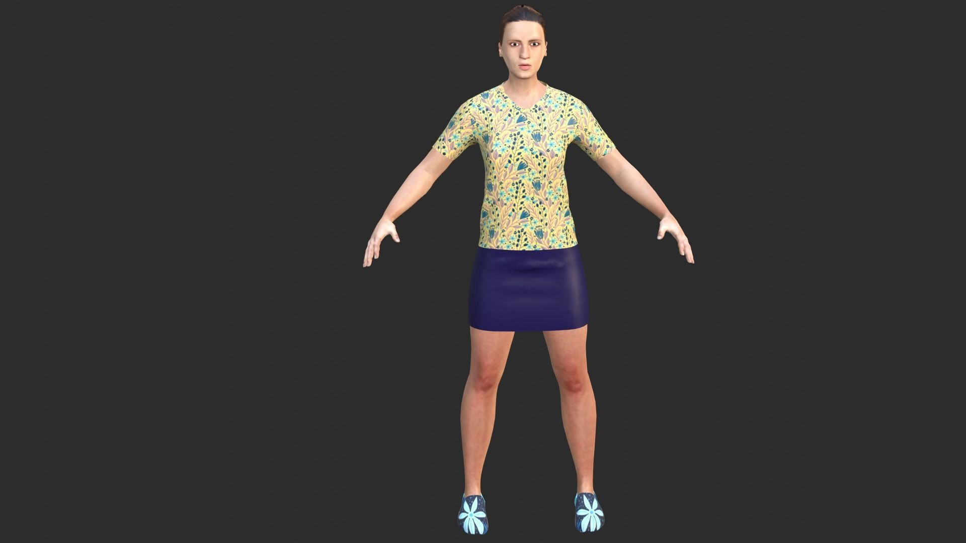 Woman wearing floral shirt and skirt Low-poly 3D model_4