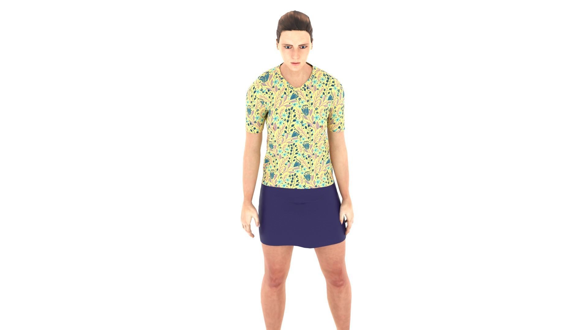 Woman wearing floral shirt and skirt Low-poly 3D model_1