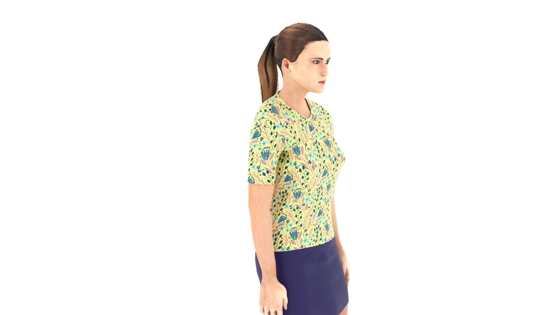 Woman wearing floral shirt and skirt Low-poly 3D model_2