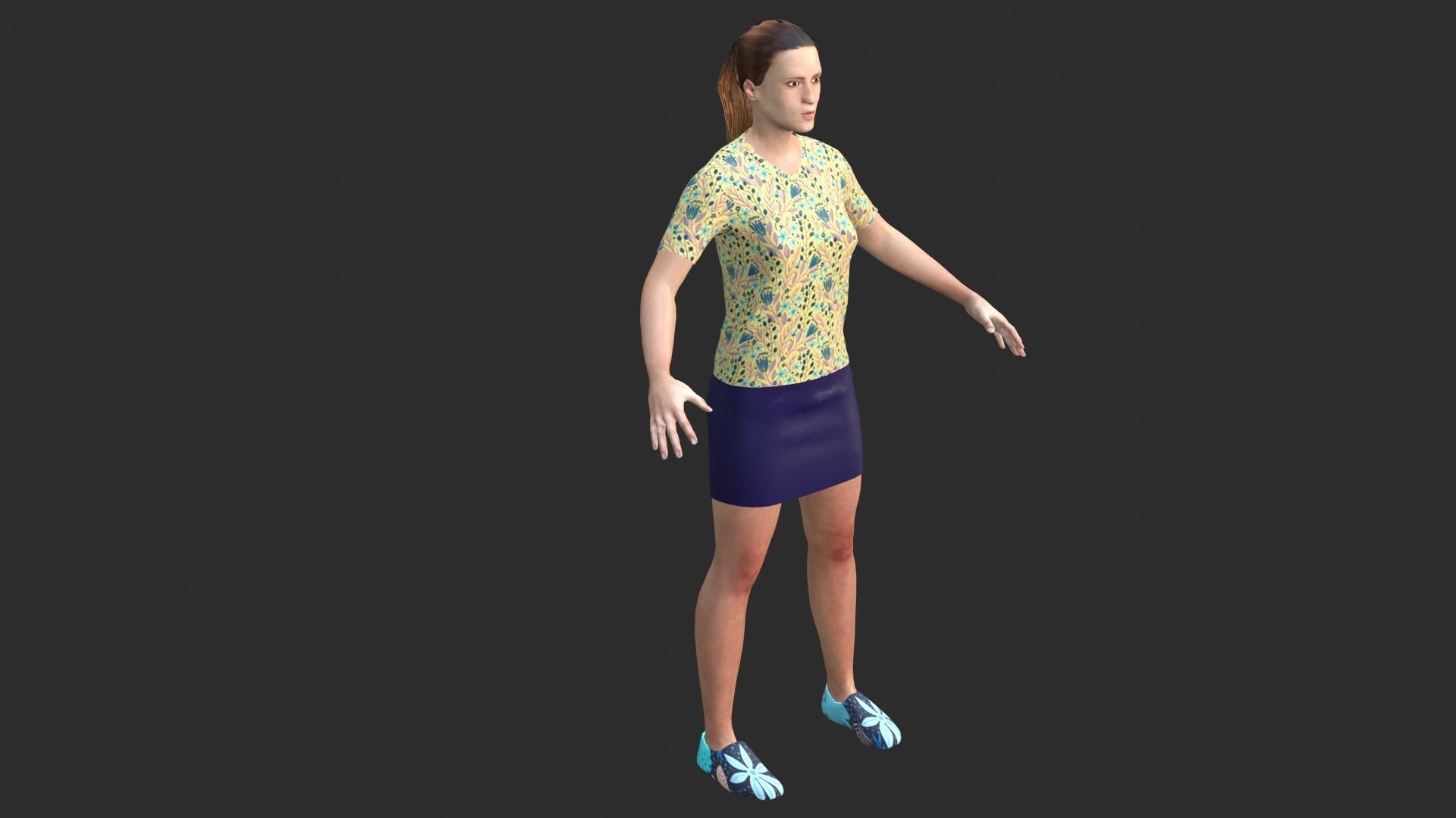 Woman wearing floral shirt and skirt Low-poly 3D model_3