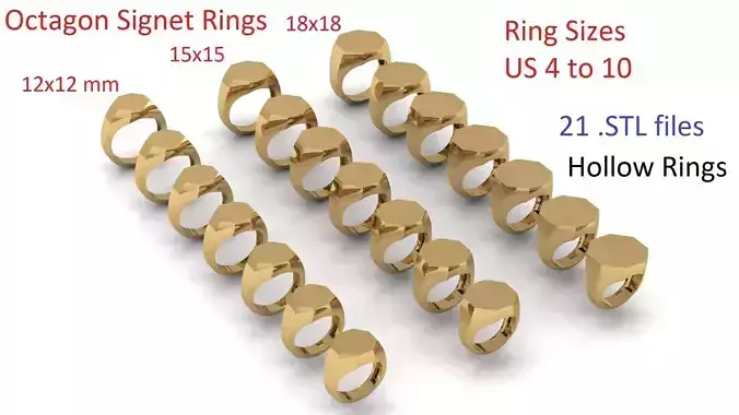 Signet Rings Octagon shape sizes 12 - 15 and 18 mm