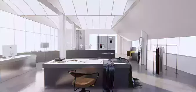 Office clothing store with high ceilings and windows