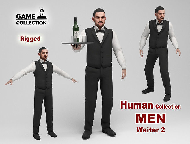 Waiter 2 holding bottle of wine Low-poly 3D model