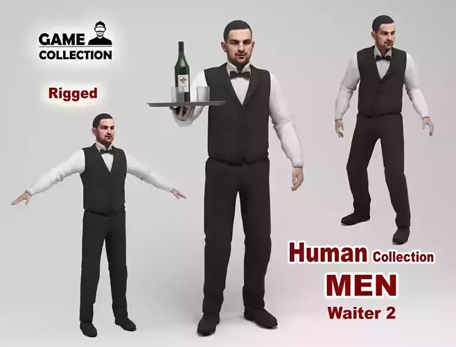 Waiter 2 holding bottle of wine Low-poly 3D model