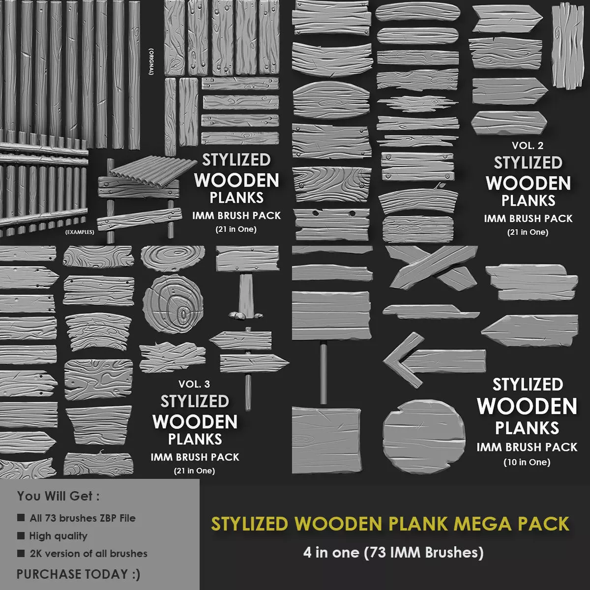 STYLIZED WOODEN PLANK MEGA PACK 4 IN ONE 73 BRUSHES 3D model