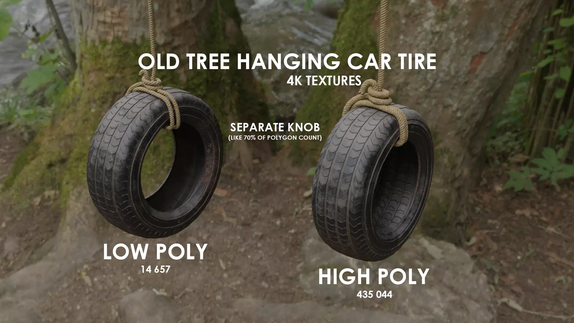 Old tree hanging car tire swing Low-poly 3D model_0