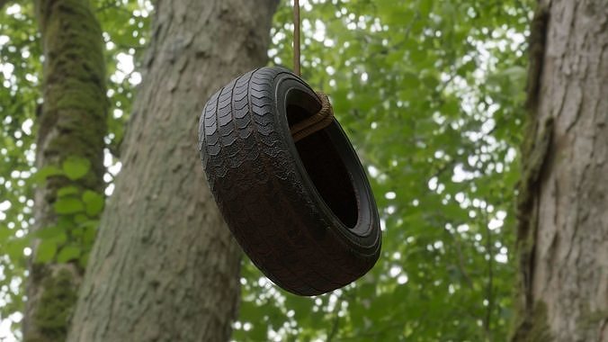 Old tree hanging car tire swing Low-poly 3D model 3