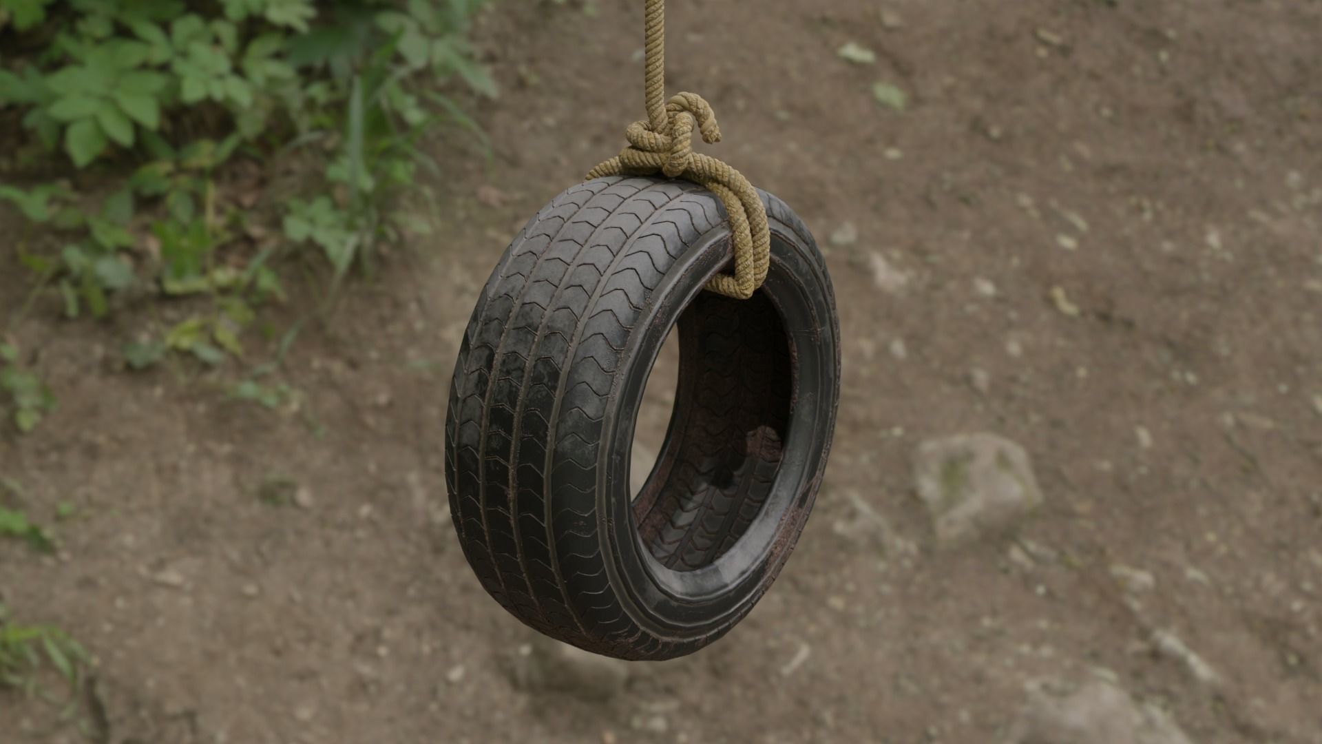 Old tree hanging car tire swing Low-poly 3D model_1