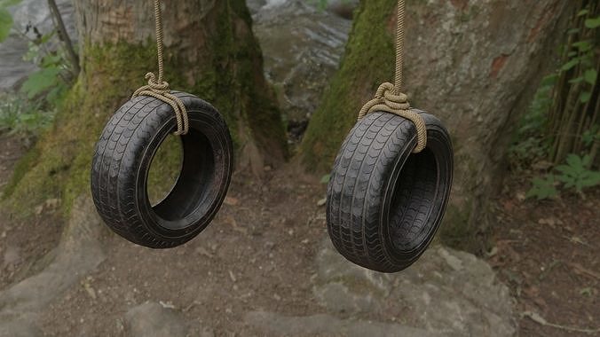 Old tree hanging car tire swing Low-poly 3D model 6