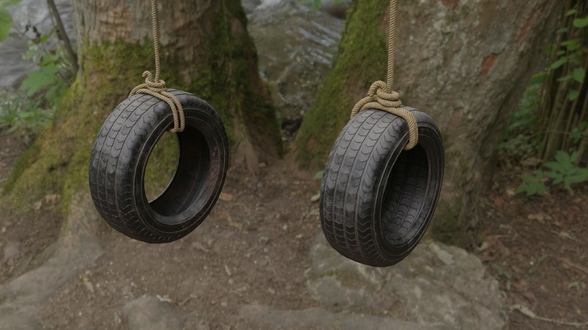 Old tree hanging car tire swing Low-poly 3D model_5
