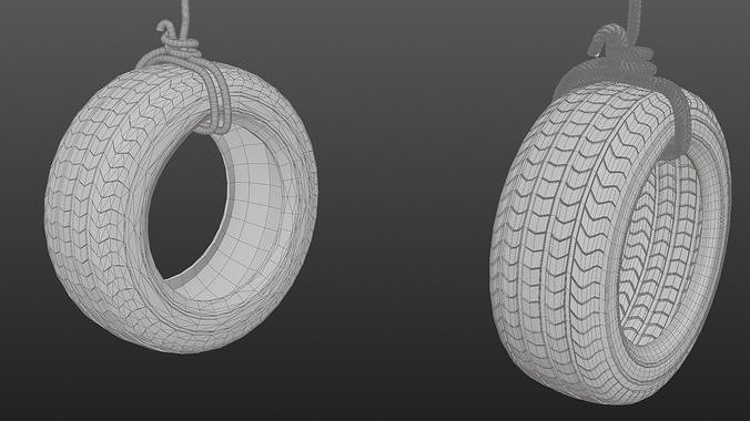 Old tree hanging car tire swing Low-poly 3D model 7