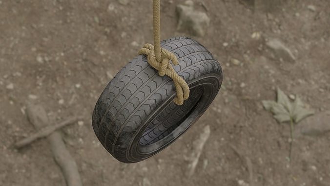 Old tree hanging car tire swing Low-poly 3D model 4