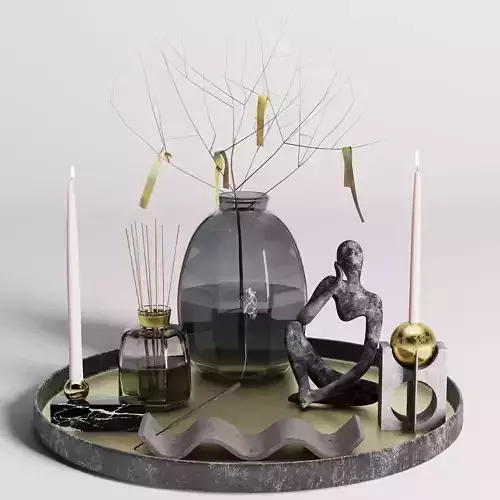 Decorative set 3 tray with candles and vase 3D model