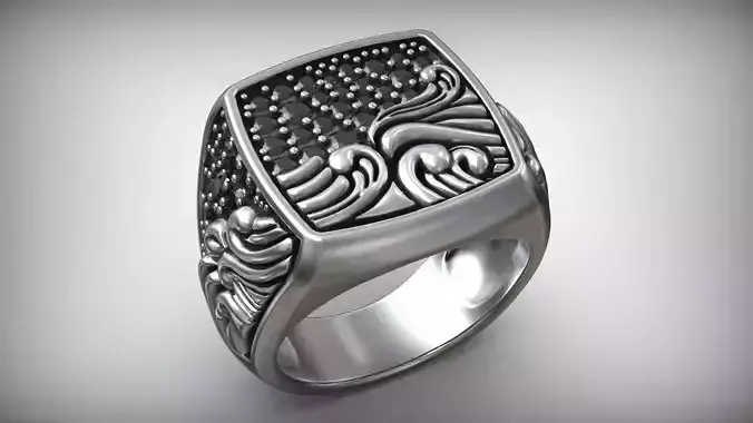 Ocean Waves Black Diamond Signet Biker Ring