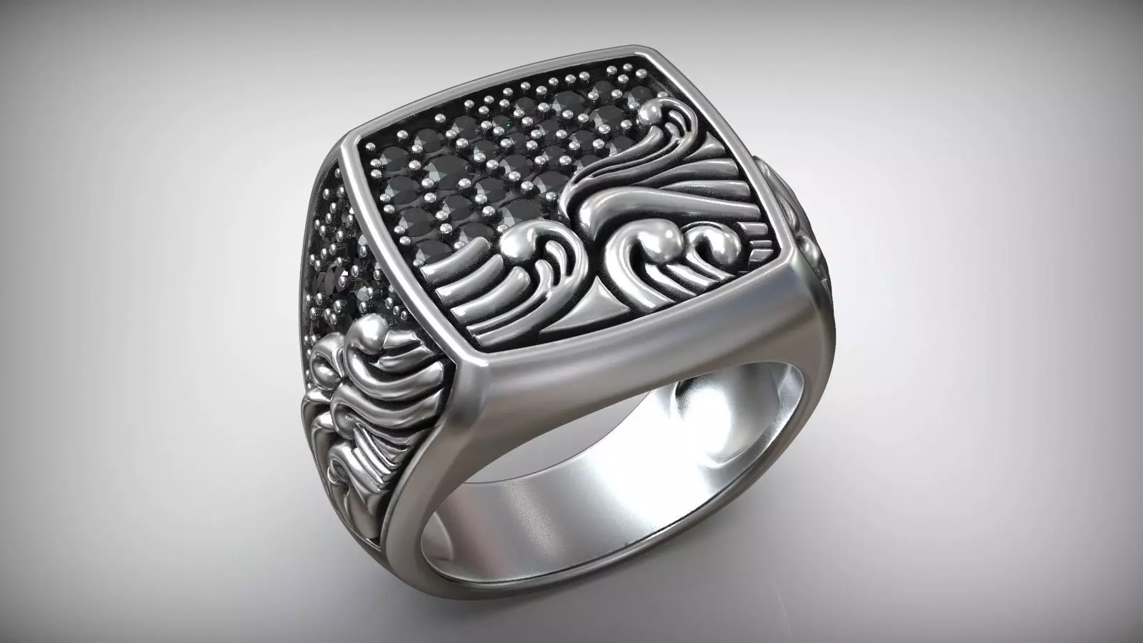 Ocean Waves Black Diamond Signet Biker Ring 3D print model