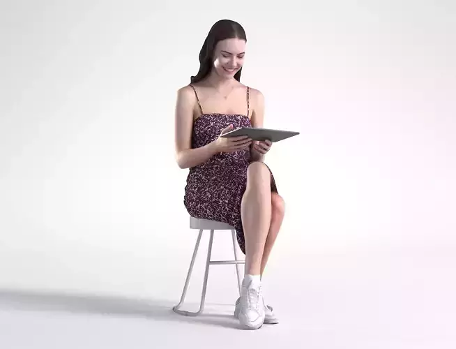 Woman Casual in Dress Sitting with Tablet Low poly Maddie 2184