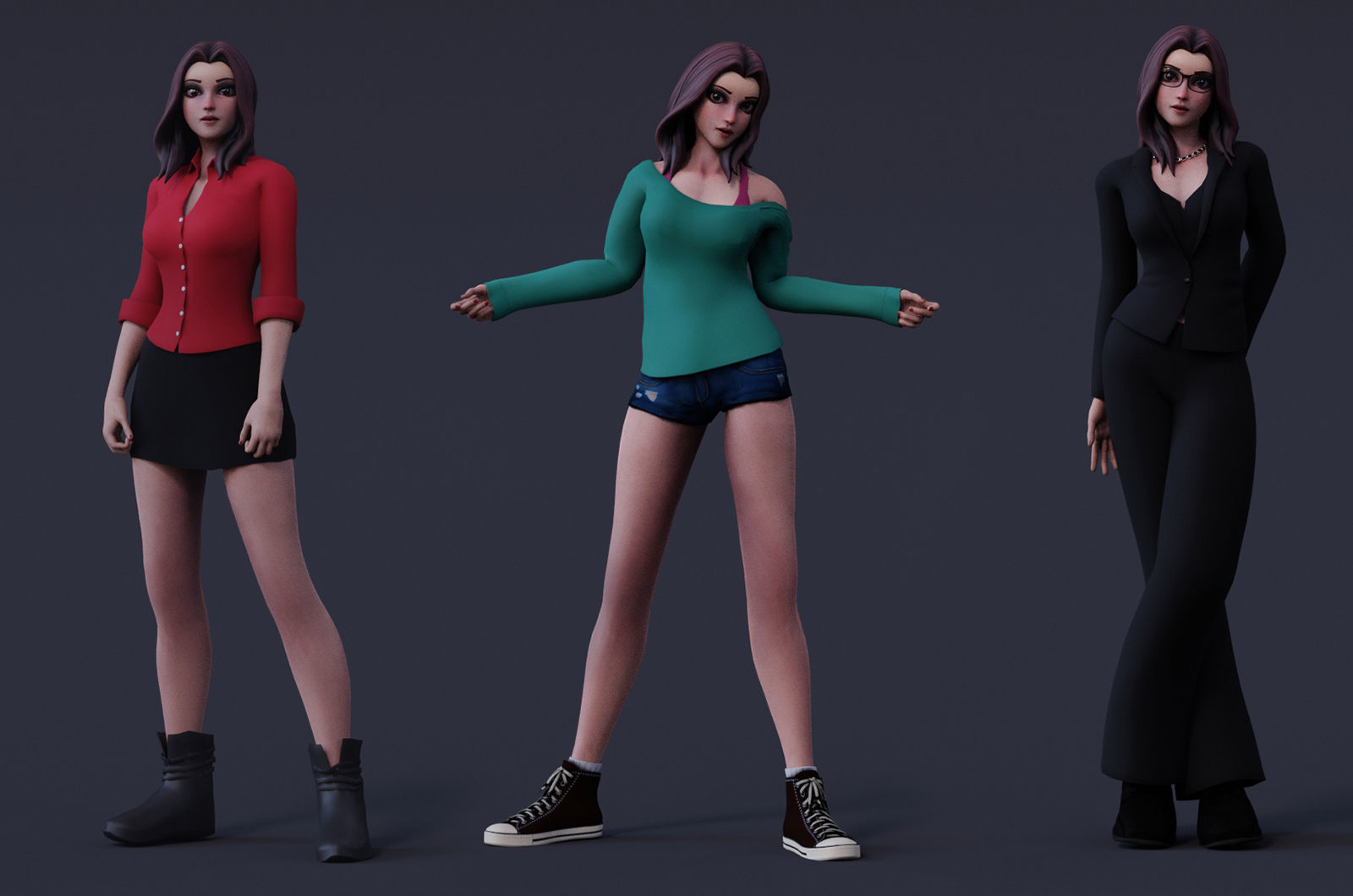 Angela Cartoon Girl Rig Outfit 3 Low-poly 3D model_4