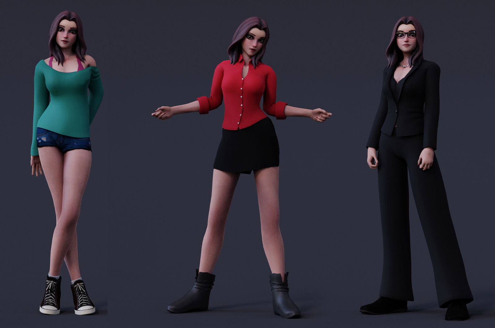 Angela Cartoon Girl Rig Outfit 3 Low-poly 3D model_5