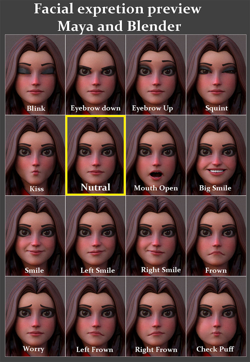 Angela Cartoon Girl Rig Outfit 3 Low-poly 3D model_15