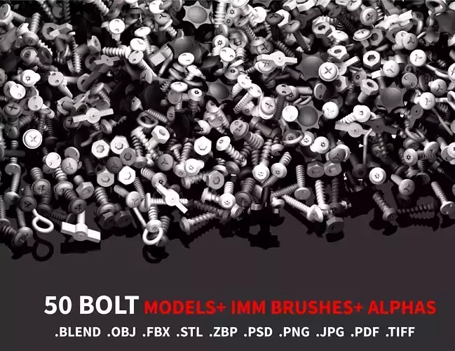50 BOLT  IMM BRUSHES and  AlPHAS  and MODELS Low-poly 3D model