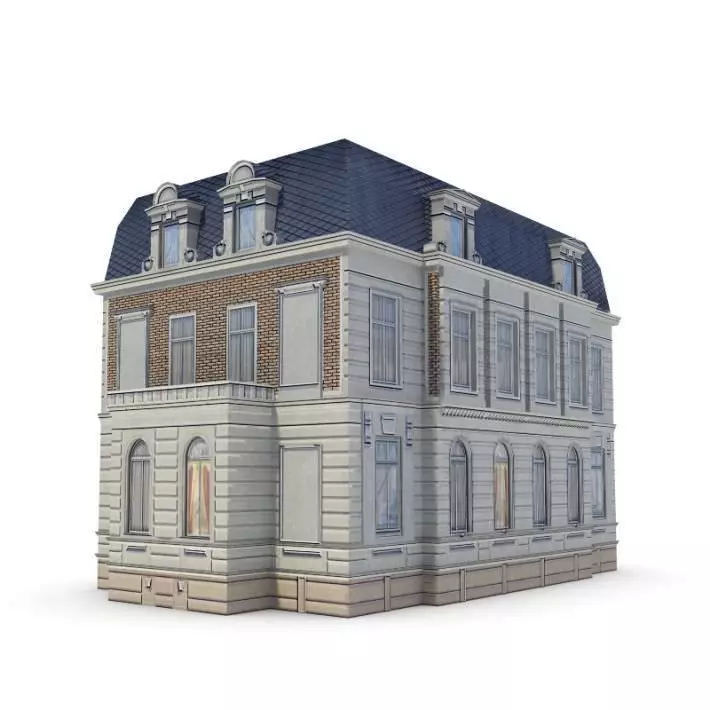 Old English Looking Building With Light Brick And Blue Roof 3D model_0